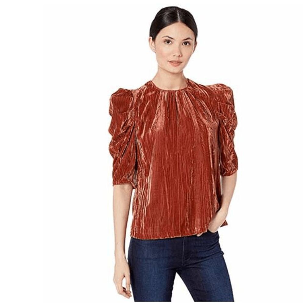 NEW!‎ Wayf Cinnamon Velvet Greyson Puff Sleeve Top (Rust color) Size XS
